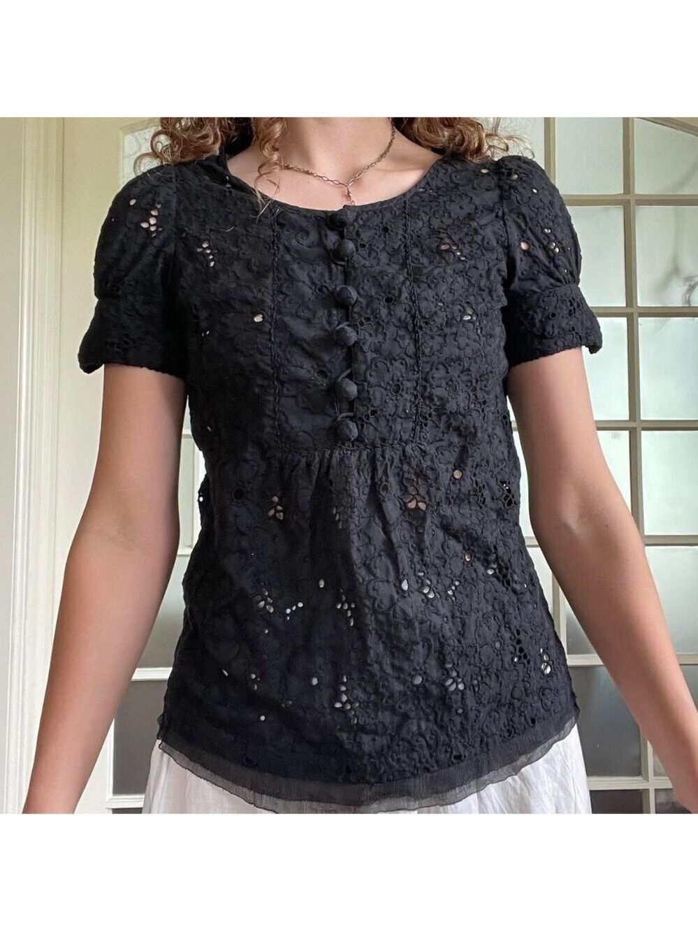 Juicy Couture Black Eyelet Puff Sleeve Blouse Size 2